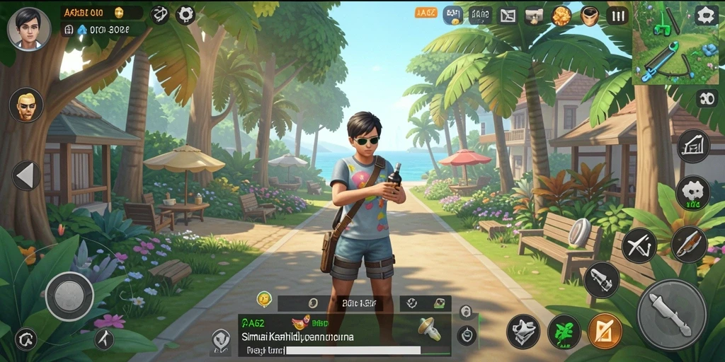 Screenshot AA62 menunjukkan karakter sedang berinteraksi dalam dunia simulasi yang hidup.