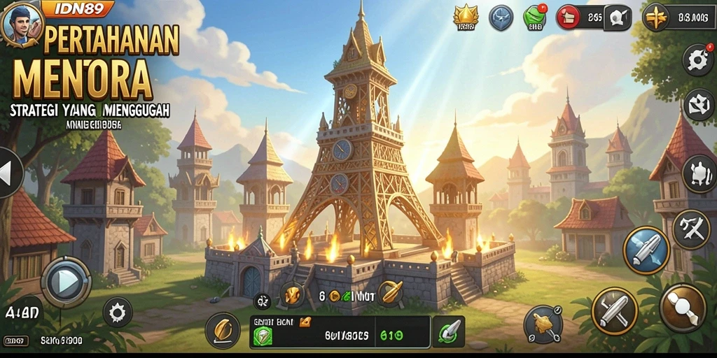 Tampilan gameplay <strong>IDN89</strong> saat menghadapi musuh di menara pertahanan.