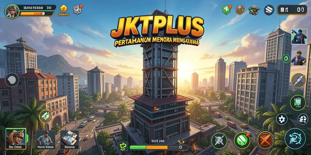 Screenshot JKTPLUS menampilkan aksi menara menembak menyerang musuh.