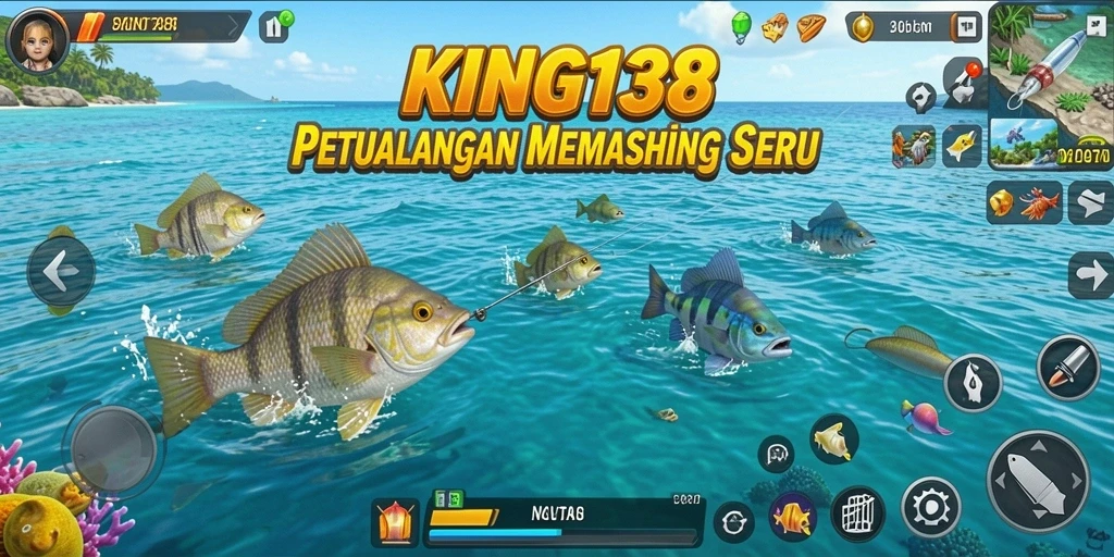 Tampilan gameplay KING138 yang menampilkan keseruan memancing di laut.
