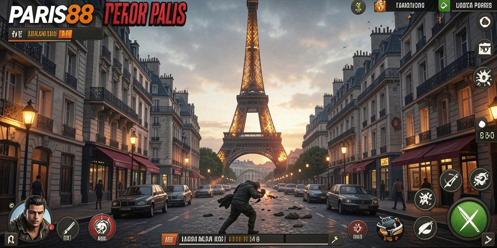 Screenshot utama PARIS88 menampilkan suasana mencekam di malam hari.