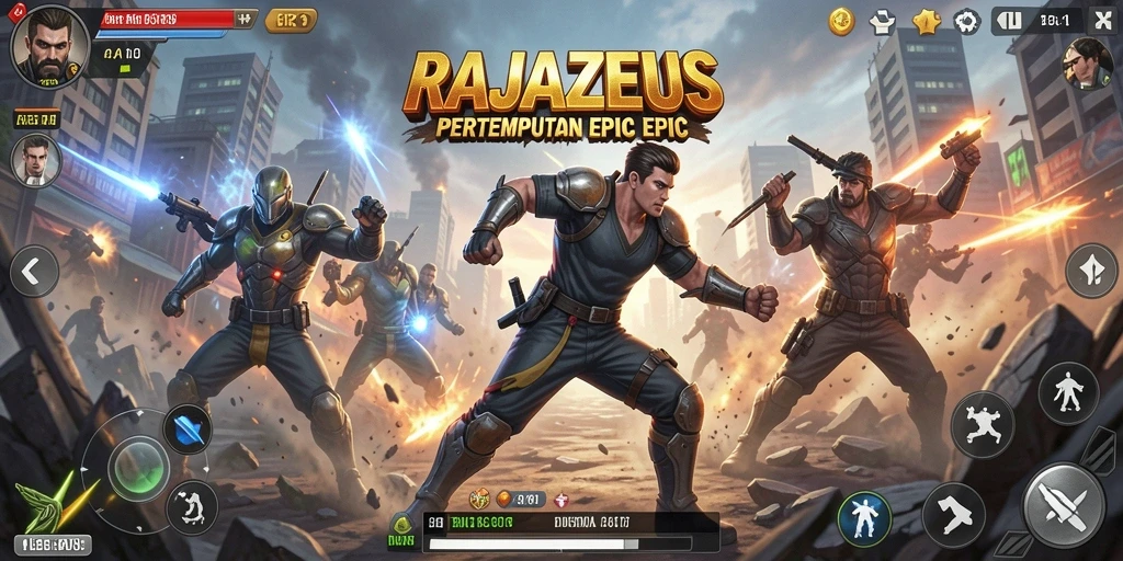 Screenshot gameplay RAJAZEUS menampilkan aksi mendebarkan dalam pertempuran.