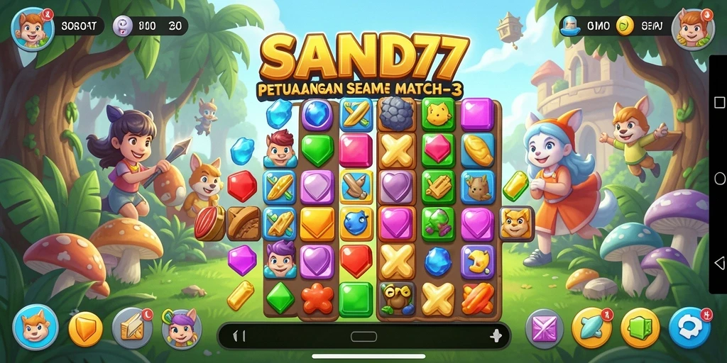 Tampilan gameplay SAND77 dengan level Match-3 yang penuh warna.