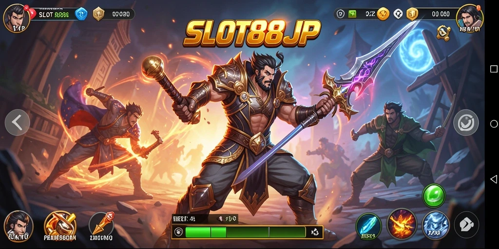 Screenshot gameplay SLOT88JP menunjukkan aksi pertarungan yang mendebarkan dan karakter yang beragam.