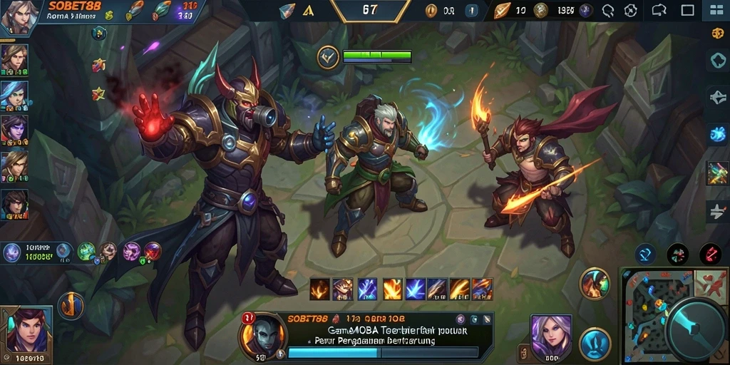 Screenshot gameplay SOBET88 yang menunjukkan aksi seru dalam pertempuran MOBA.